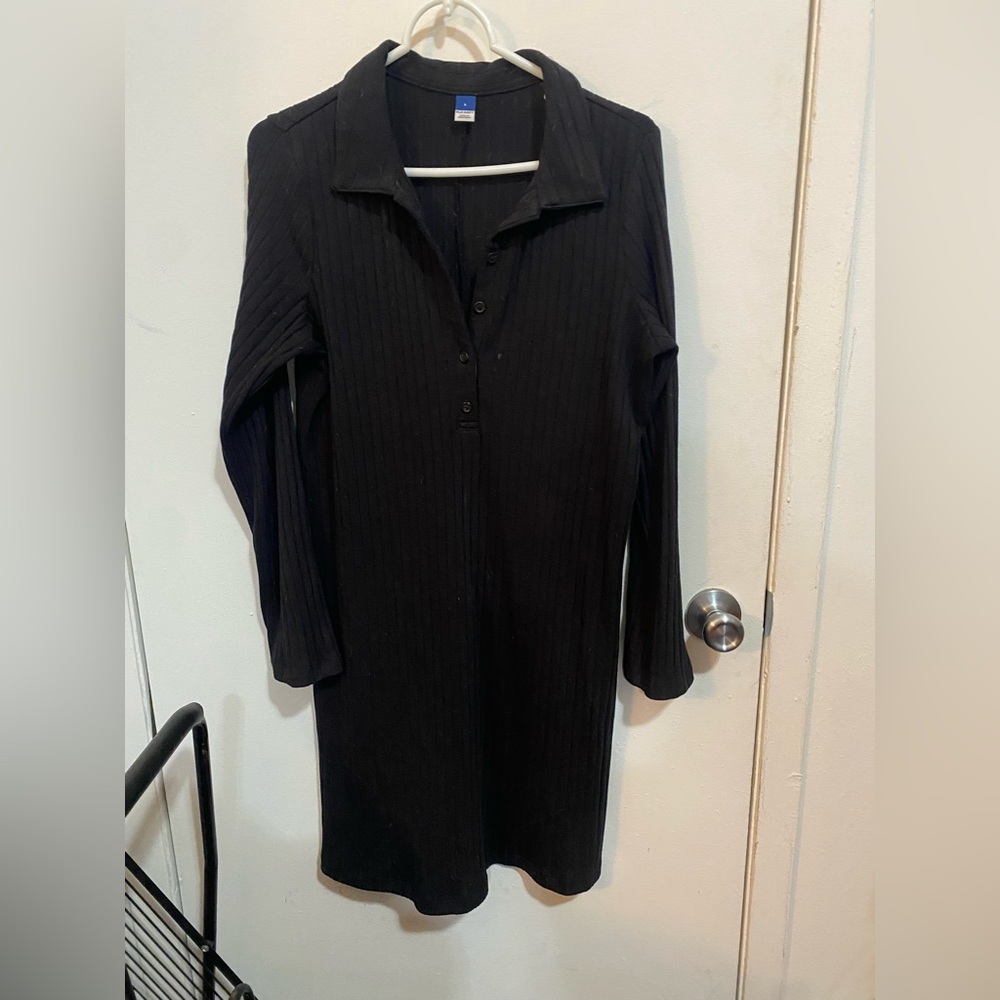 Old Navy Black Ribbed Long-Sleeve Polo Dress